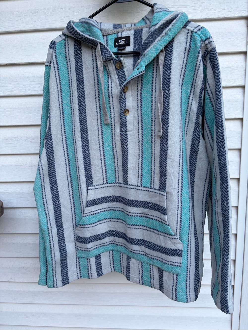 O’Neill Baja Striped Fleece Hoodie Size L Turquoise Gray Pullover